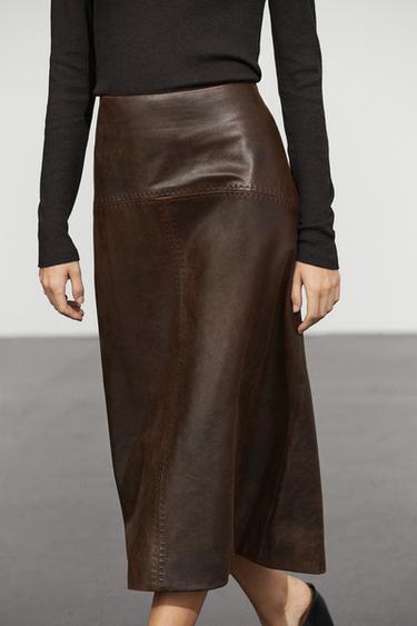 Straight nappa leather midi skirt with seam details — Brown 2