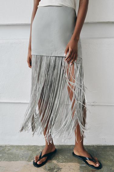 LINEN BLEND FRINGED MINI SKIRT - Grey by Zara