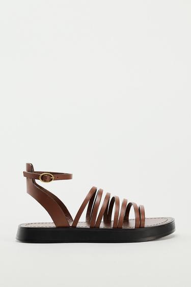 SANDALIA PLANA PIEL TIRAS - Marrón de Zara
