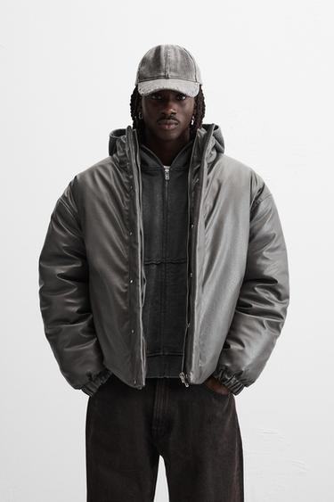 LEATHER EFFECT PUFFER JACKET - Grey by Zara