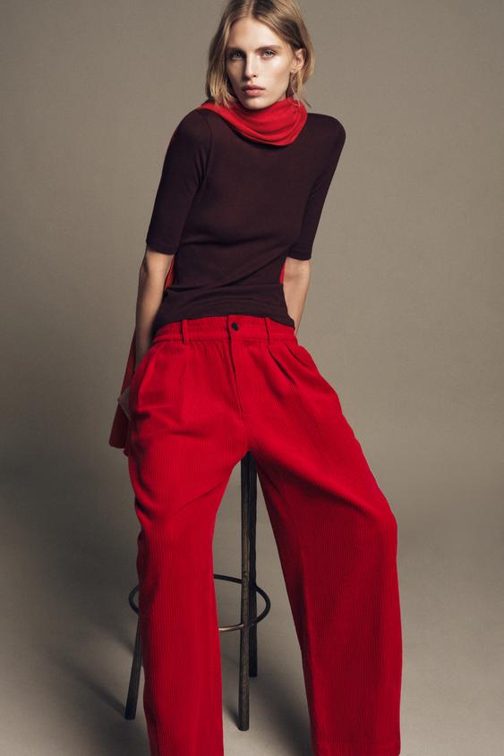 Zara ZW COLLECTION STRETCH CORDUROY PANTS - Red - Image 0