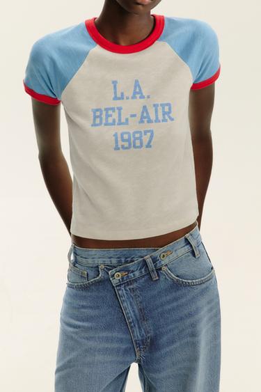 CAMISETA TEXTO RIB - Crudo / Azul de Zara