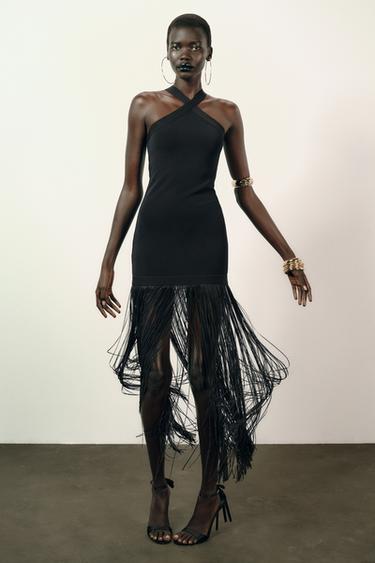 Zara LONG STRETCH FRINGE DRESS - Black