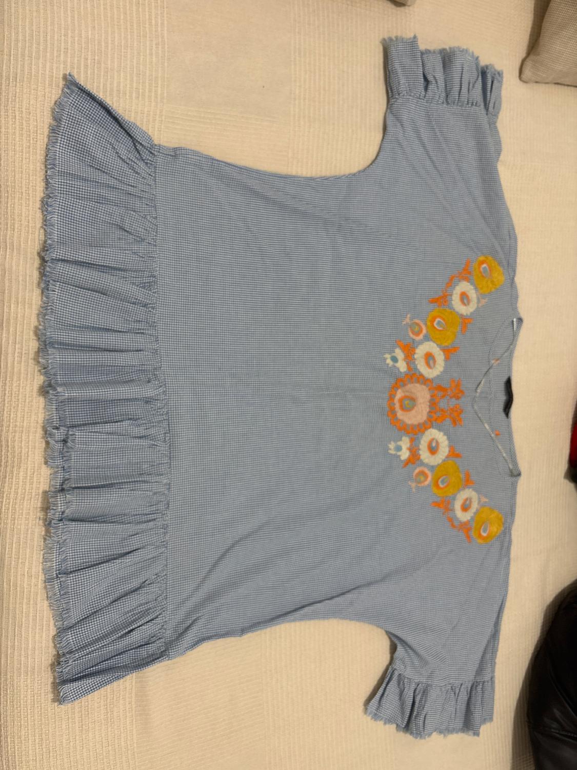 Light blue blouse with ruffles on the sleeves and hem, decorated with floral embroidery in orange and yellow tones on a beige background.