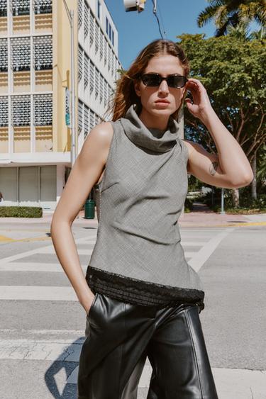 Zara ASYMMETRIC HEM HOUNDSTOOTH LACE TOP - Black / Ecru