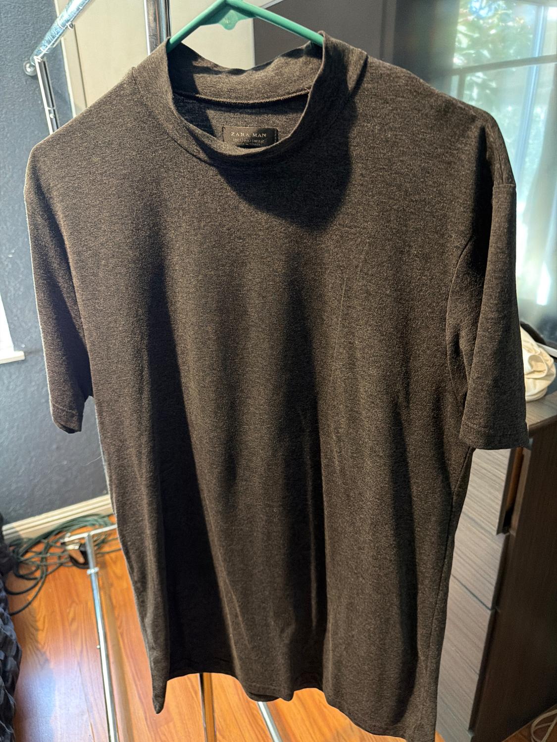 Dark gray short-sleeved T-shirt hanging on a green hanger. Label with the text ZARA MAN. Room background with wooden floor.