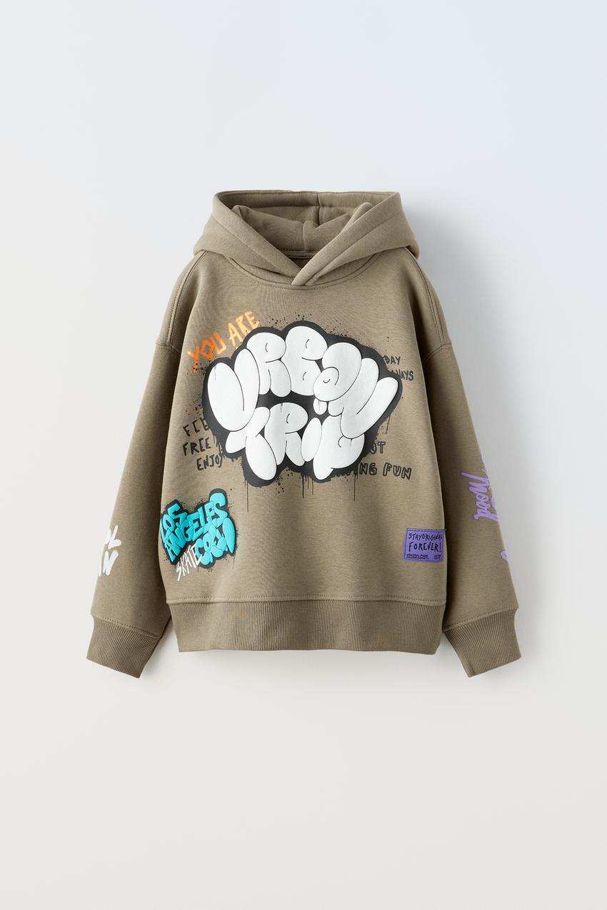 HOODIE WITH RAISED GRAFFITI DETAIL - Taupe