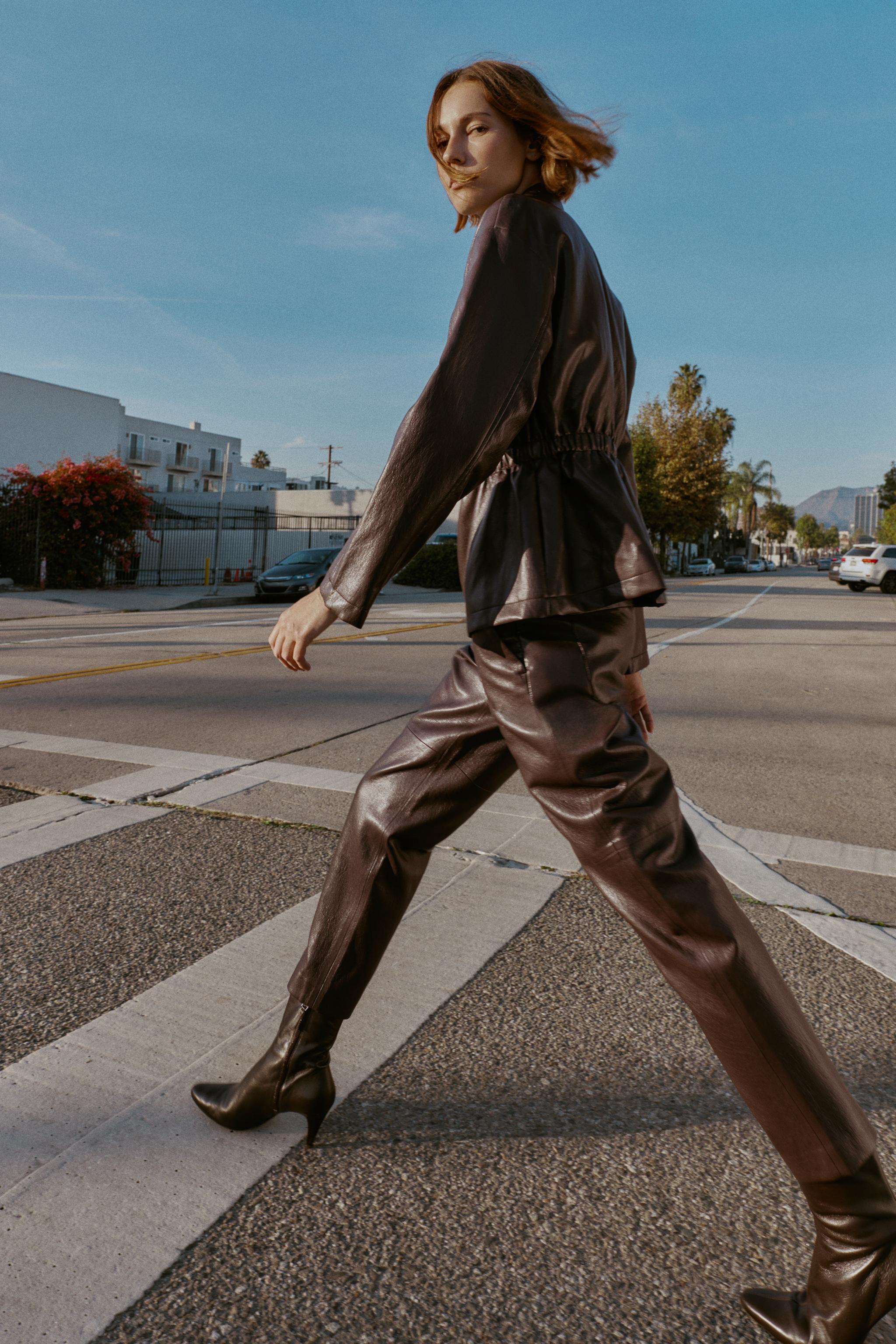 FAUX LEATHER TROUSERS WITH ELASTIC WAIST - Brown | ZARA South Africa
