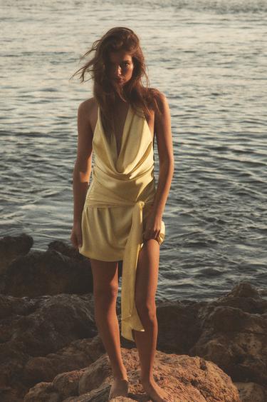 MINI SATĪNA KLEITA AR JOSTU - Yellow no Zara