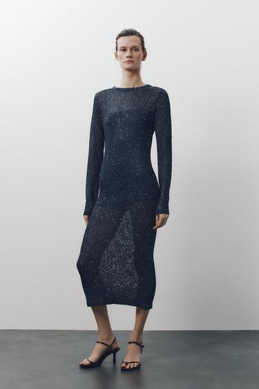 VESTIDO COMPRIDO DE TRICÔ COM LANTEJOULAS - Azul-marinho da Zara