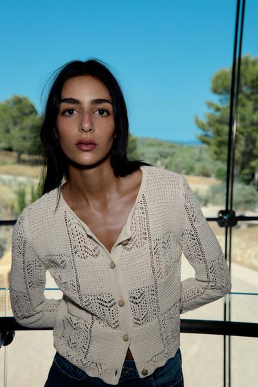 Zara POINTELLE KNIT CARDIGAN - Ecru