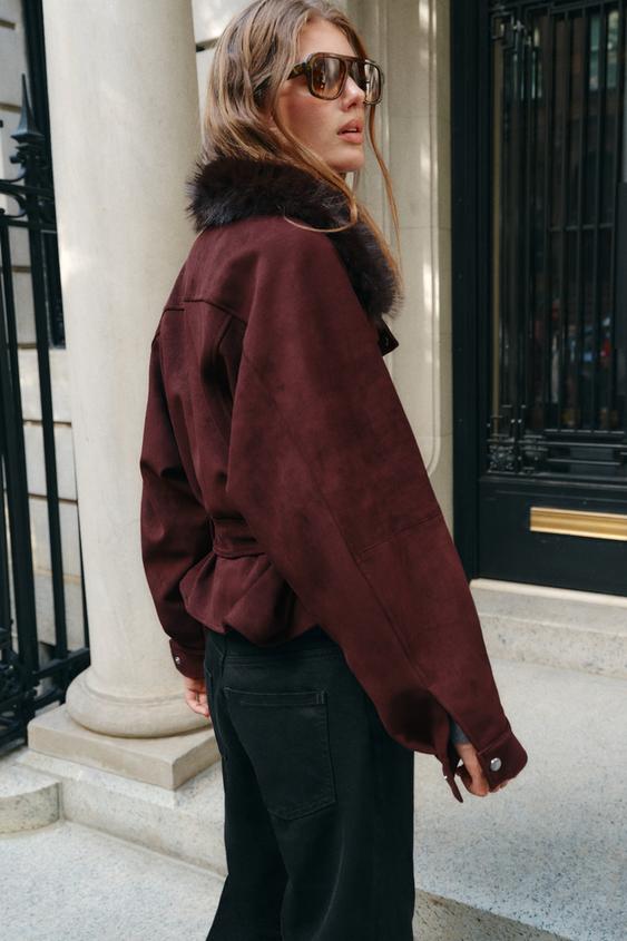 BLOUSON CEINTURE COL EFFET FOURRURE - Aubergine de Zara - Image 3
