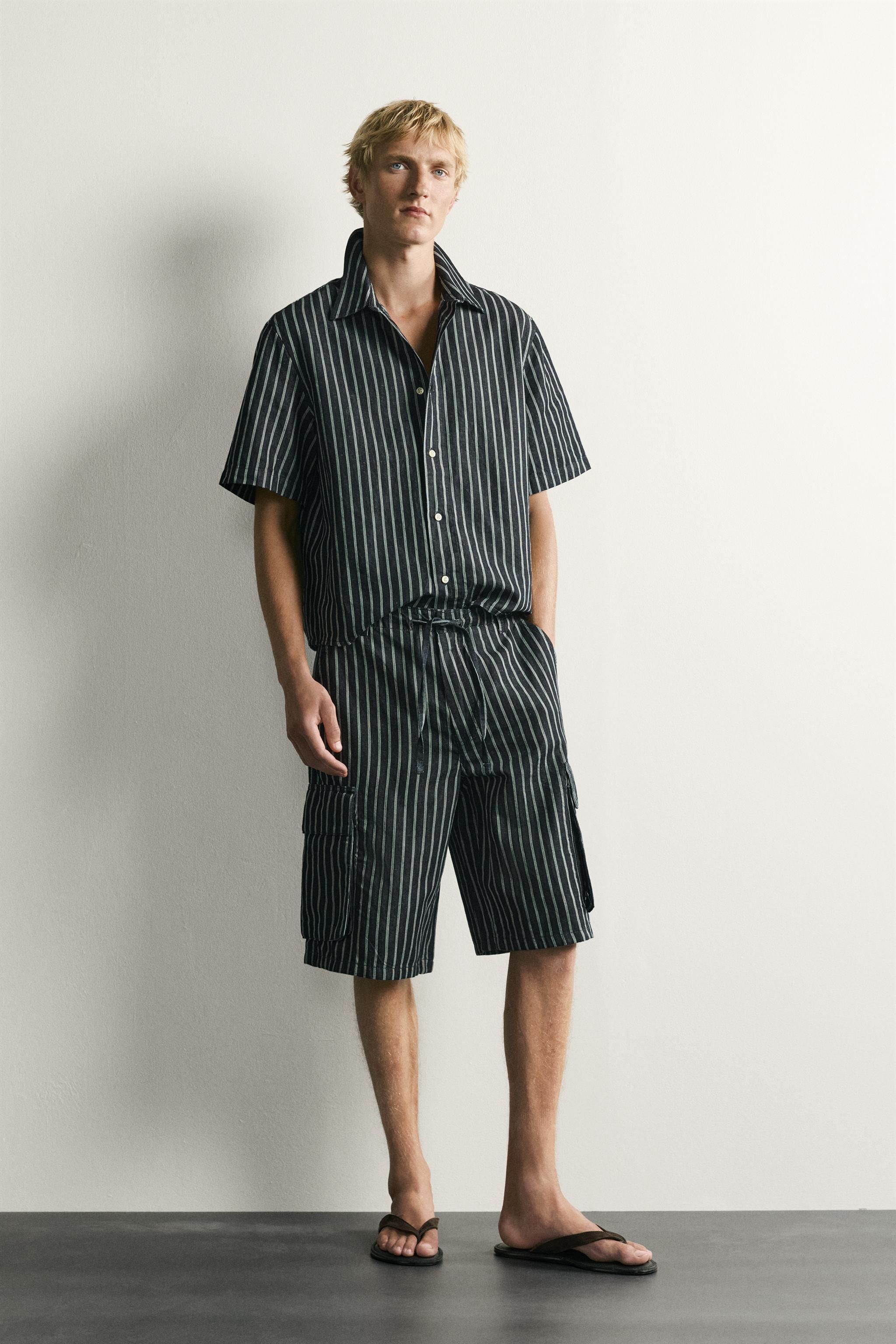 STRIPED COTTON-LINEN DENIM SHIRT