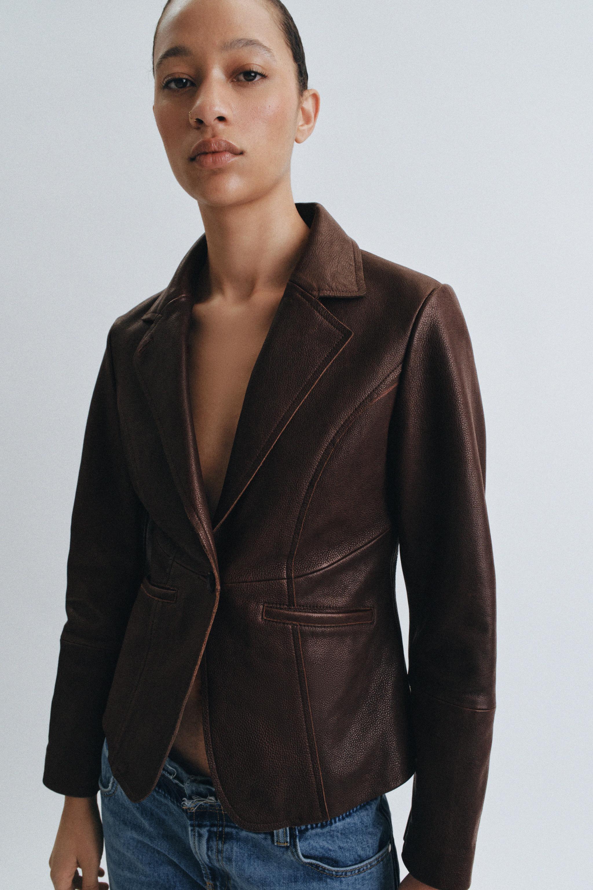 ZARA LIMITED EDITION レザースーツトラウザーズ ブラウン ZW COLLECTION LIMITED EDITION LEATHER TAILORED BLAZER - Brown