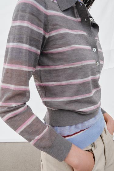 FINE-KNIT WOOL BLEND STRIPED POLO SHIRT - Grey by Zara