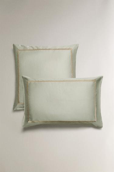 SATEEN PILLOWCASE WITH DECORATIVE EMBROIDERY - Green by Zara - Image 0