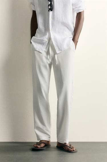 Zara COTTON-LINEN RELAXED FIT PANTS - Oyster-white