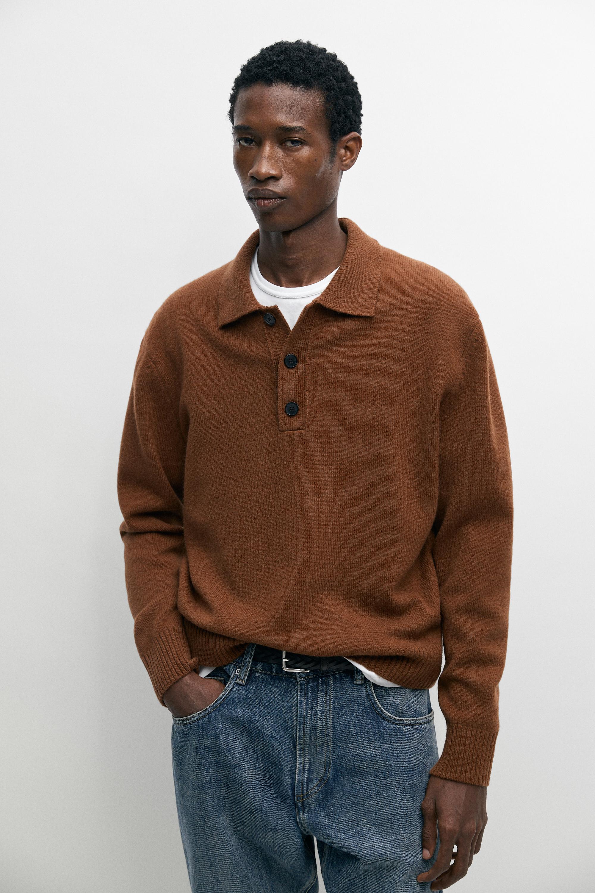 100% wool knit polo sweater with button detail