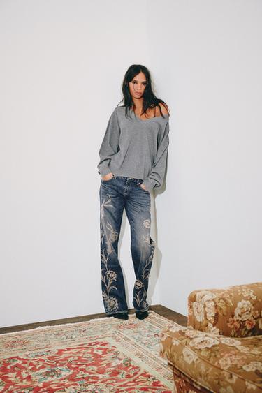 Zara LOW-RISE WIDE-LEG RHINESTONE EMBROIDERED TRF JEANS - Navy blue