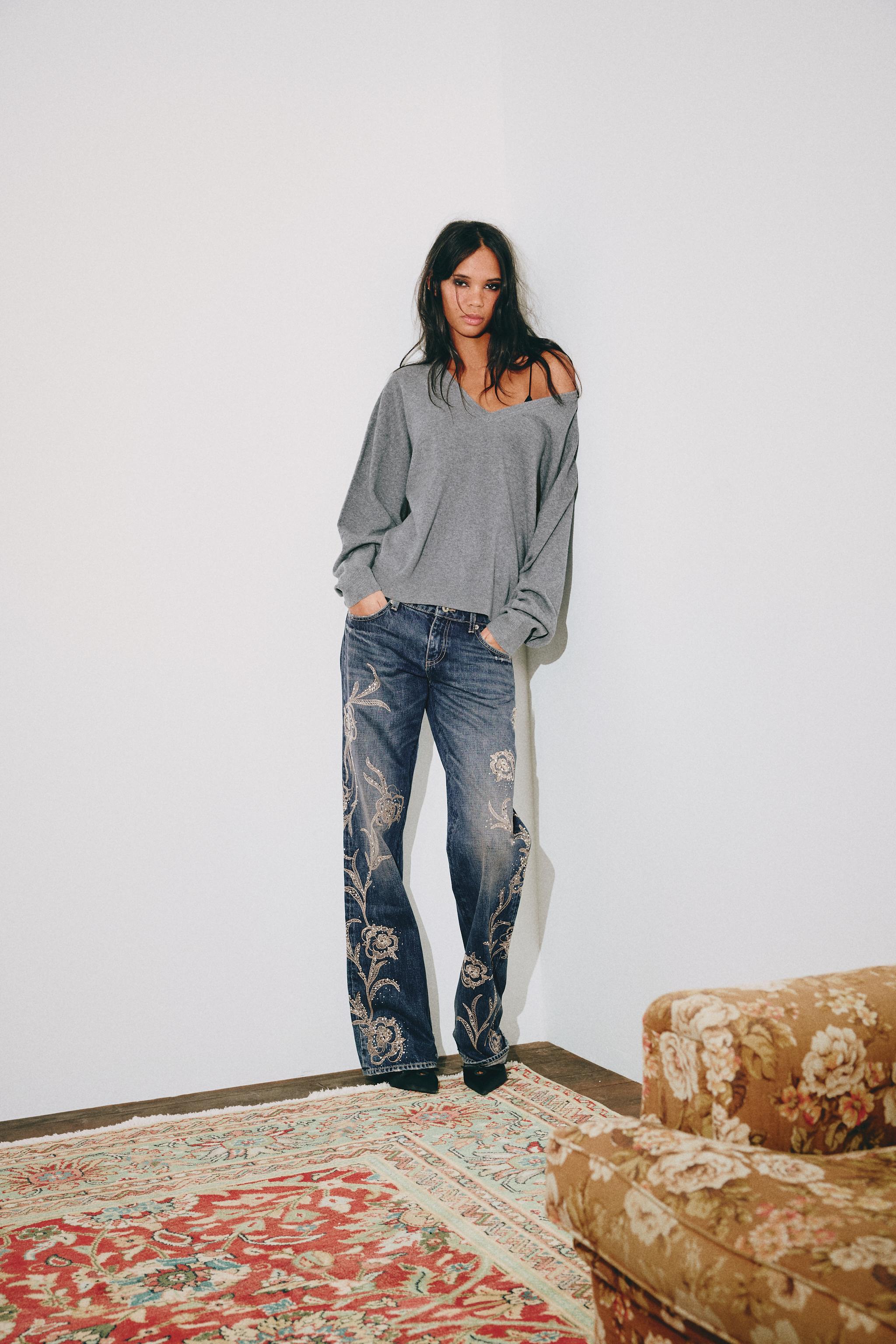 LOW-RISE WIDE-LEG RHINESTONE EMBROIDERED TRF JEANS