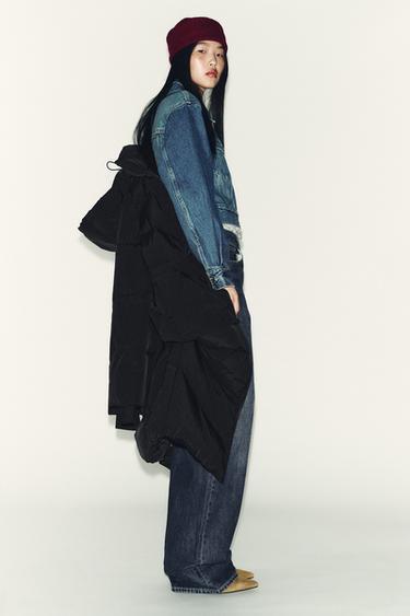 Zara 長版連帽防潑水防風羽絨外套 - 黑色