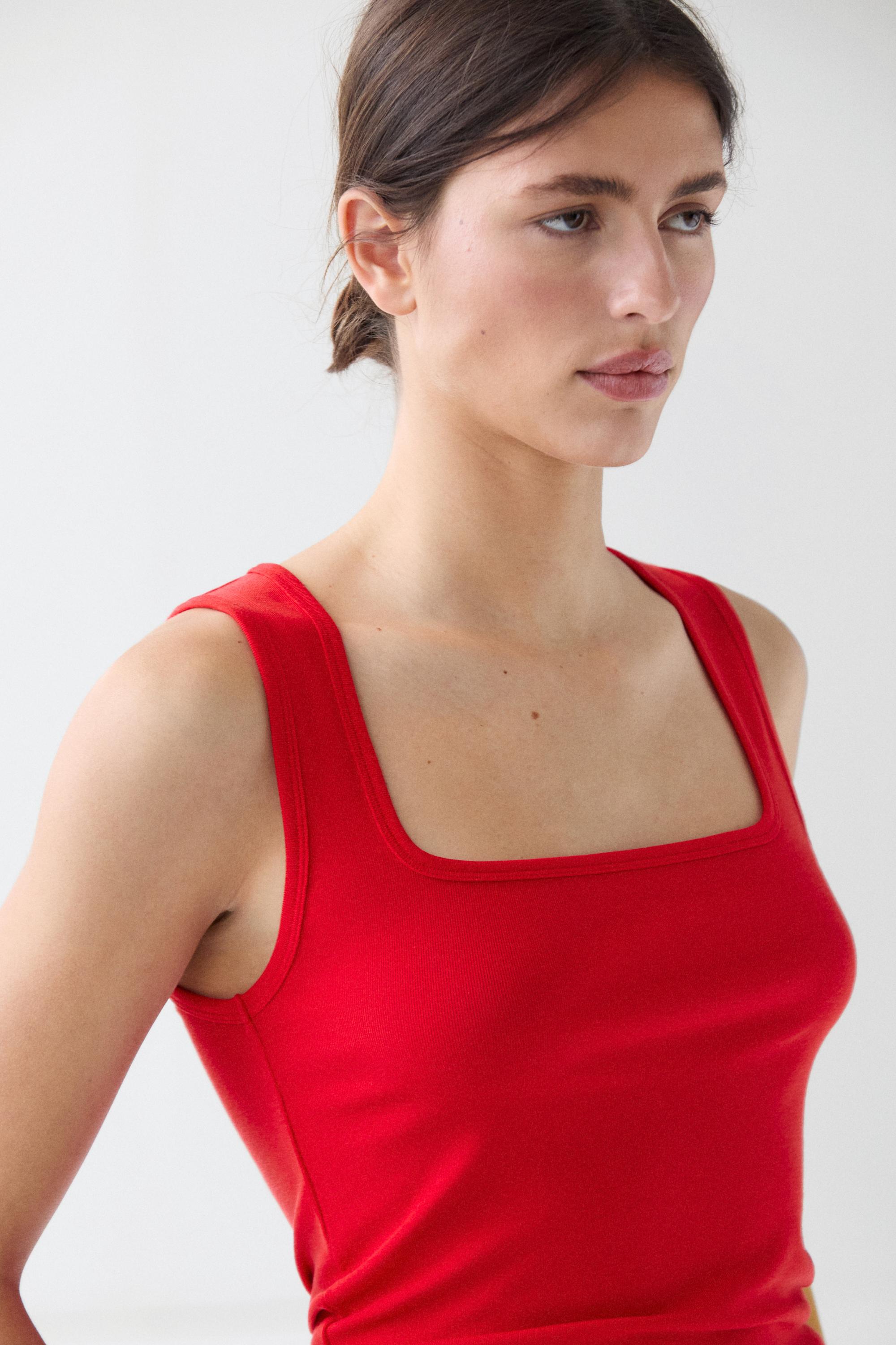 Cotton blend square neck top — Red