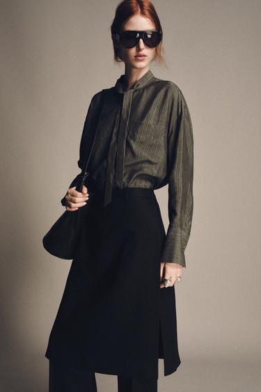ZW COLLECTION BLOUSE WITH POCKETS AND TIE - Greys by Zara