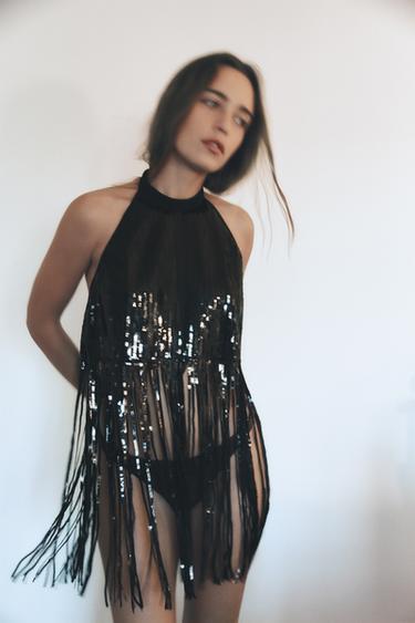 TOP HALTER LENTEJUELAS FLECOS - Negro de Zara - Imagen 0