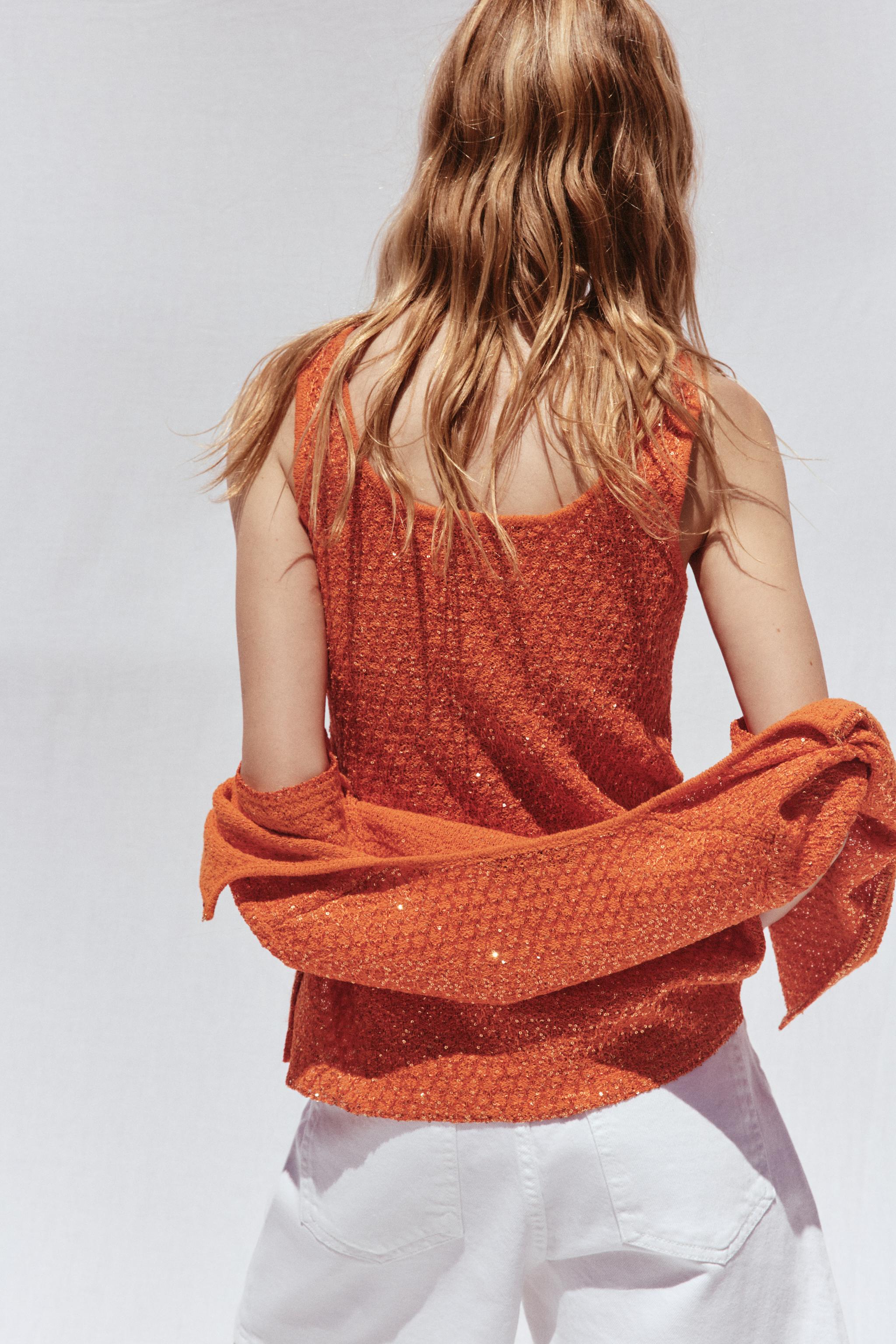 【新品未使用】mystic スパンコール ニットトップス オレンジ ショート丈 スパンコールニットトップス - オレンジ色 | ZARA Japan / 日本
