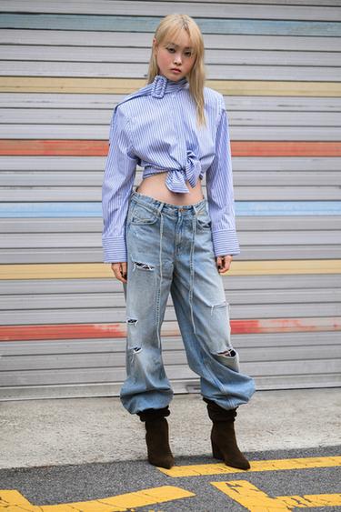Zara TRF 中腰刷破牛仔褲 - 淡藍色