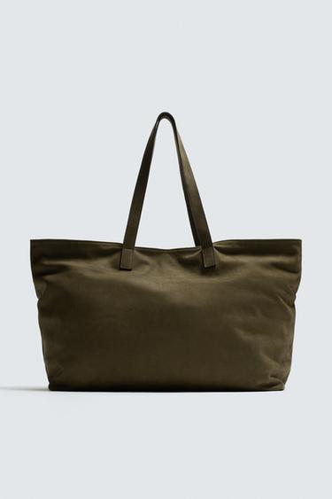 LEATHER TOTE BAG - Khaki Green by Zara
