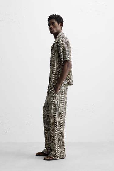 PERFORATED JACQUARD RELAXED FIT TROUSERS - Ecru / Black by Zara - Image 3