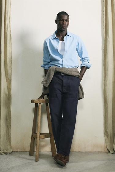 Zara WASHED STRAIGHT FIT PANTS - Navy blue