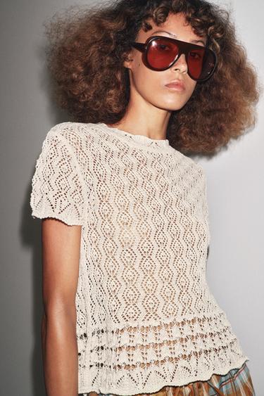 SHORT SLEEVE POINTELLE KNIT TOP - Ecru by Zara - Image 1