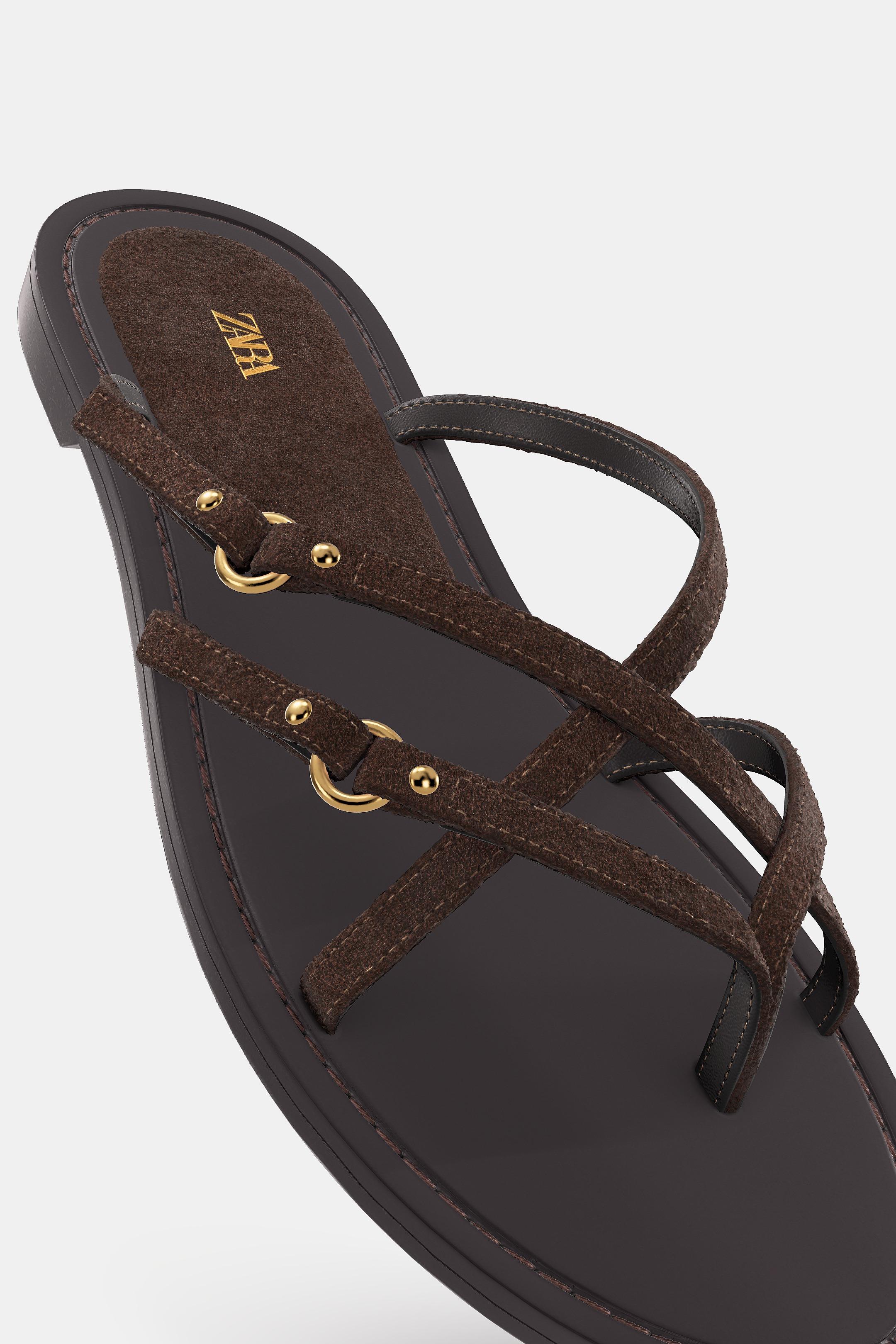 Zara FLAT STRAPPY SANDALS - Brown