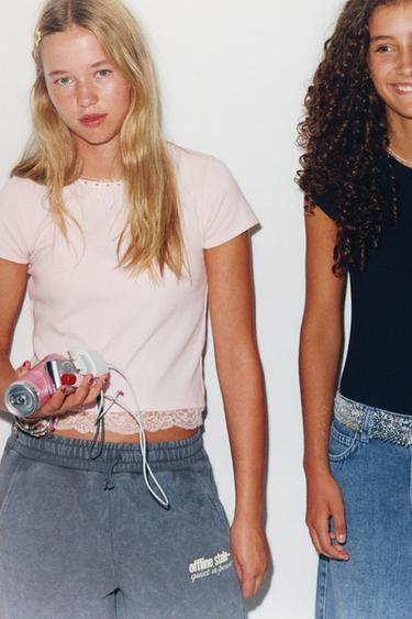 Zara STUDDED LACE HEM T-SHIRT - Pink