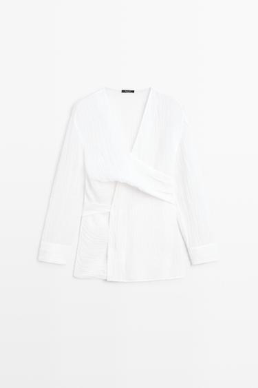 Zara Linen blend blouse with sash belt - White - Image 0