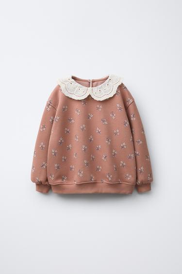 FLORAL SWEATSHIRT WITH EMBROIDERED PETER PAN COLLAR - Brown by Zara