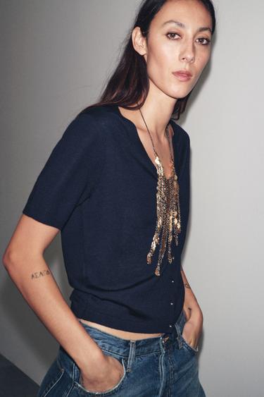 100% EXTRAFINE WOOL SHORT SLEEVE CARDIGAN - Navy blue by Zara - Image 3