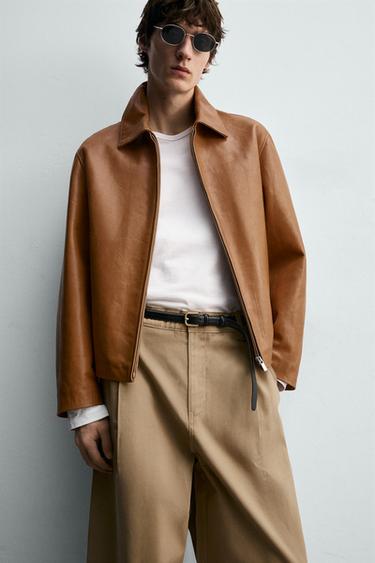 BLOUSON EN CUIR REGULAR FIT - Caramel de Zara - Image 4