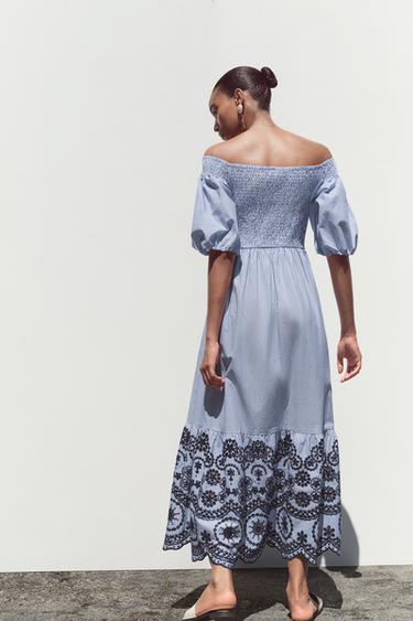 ROBE MIDI RAYURES BRODÉE - Bleu / Indigo de Zara - Image 5