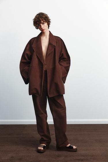 OVERSIZE SHORT SUEDE LEATHER TRENCH COAT - Brown by Zara - Image 0