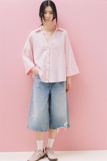 リネン混ワイドスリーブシャツピンク0Zaraのリネン混ワイドスリーブシャツ - ピンク - 画像 0