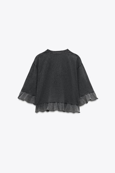 T-SHIRT EN MATIÈRES ASSORTIES À VOLANTS - Gris clair de Zara - Image 5