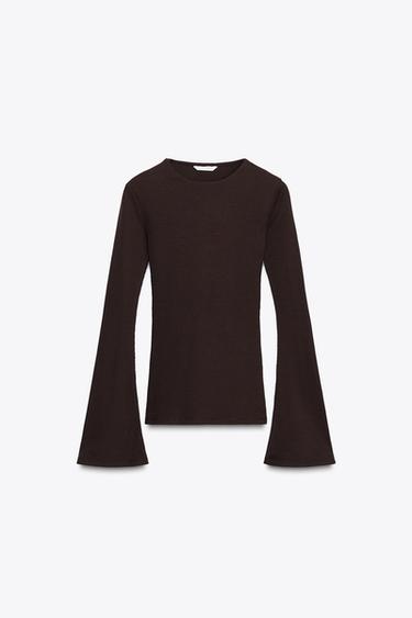 ФУТБОЛКА В РУБЧИК С РАСКЛЕШЕННЫМИ РУКАВАМИ — ШОКОЛАДНЫЙ от Zara