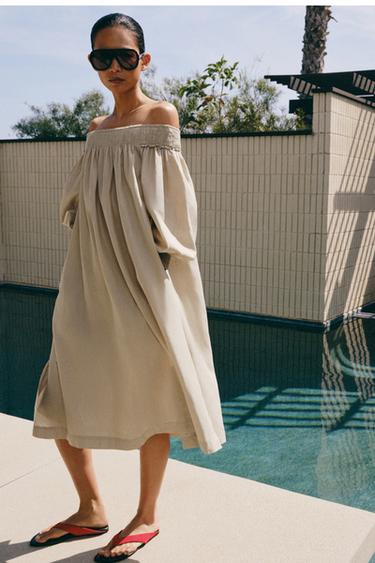 ROBE MI-LONGUE EN LIN ZW COLLECTION - Sable / Chiné de Zara