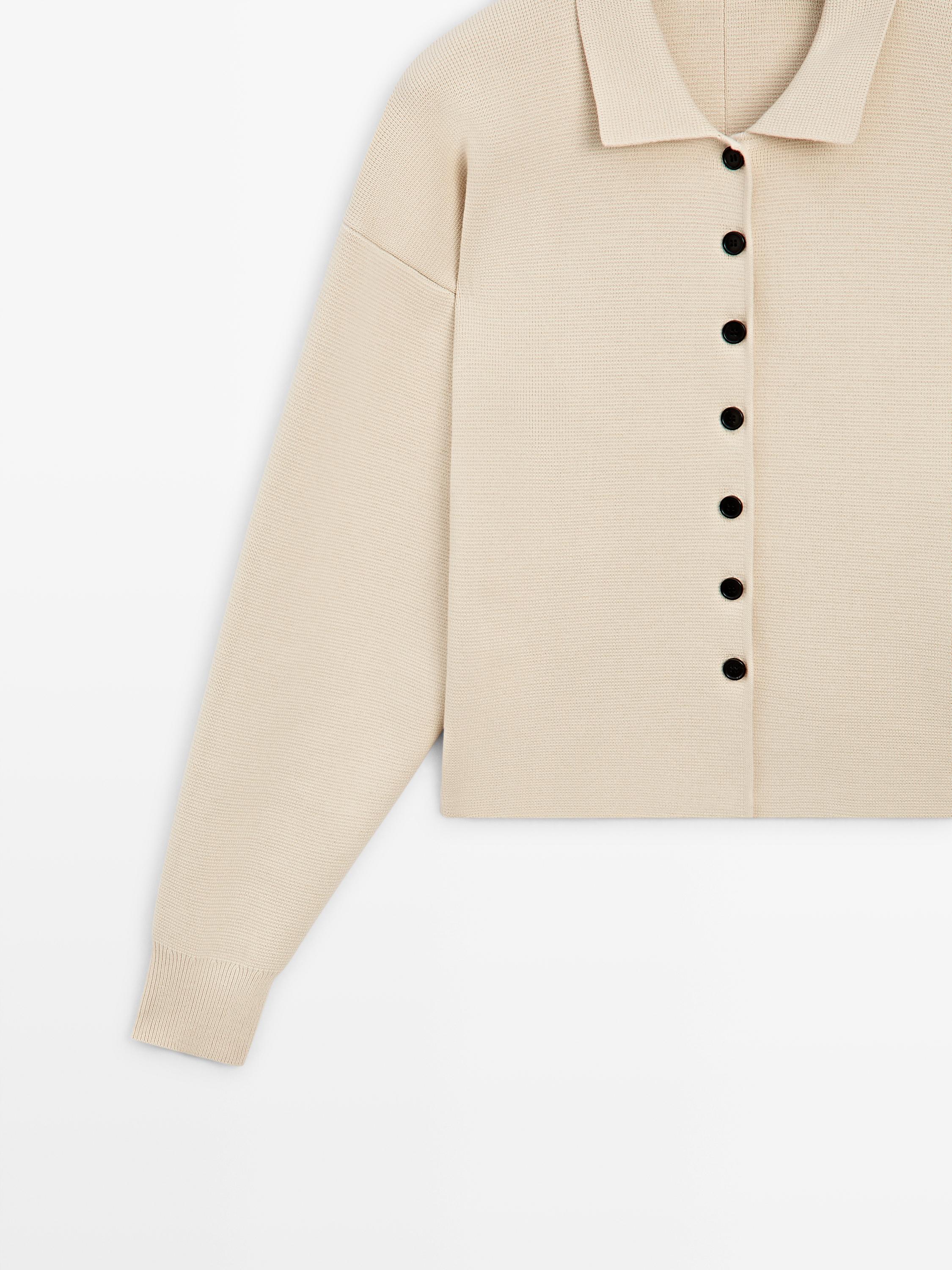 Cotton knit polo collar cardigan