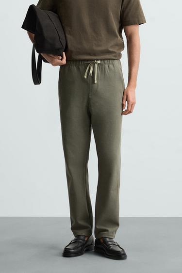 Zara JOGGER WAIST STRETCH PANTS - Dark khaki