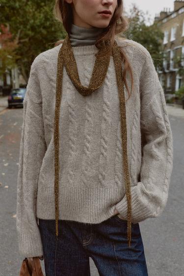 PULL EN MAILLE DOUCE À CÂBLES - Gris clair de Zara