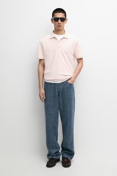Zara Micro-textured cotton piqué polo shirt - Pale pink - Image 0